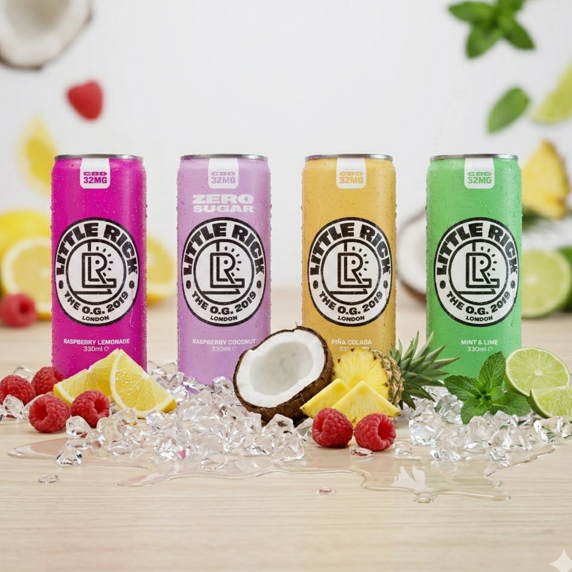 Four Little Rick Raspberry Coconut CBD drinks with fruit, ice, and creamy coconut cream.