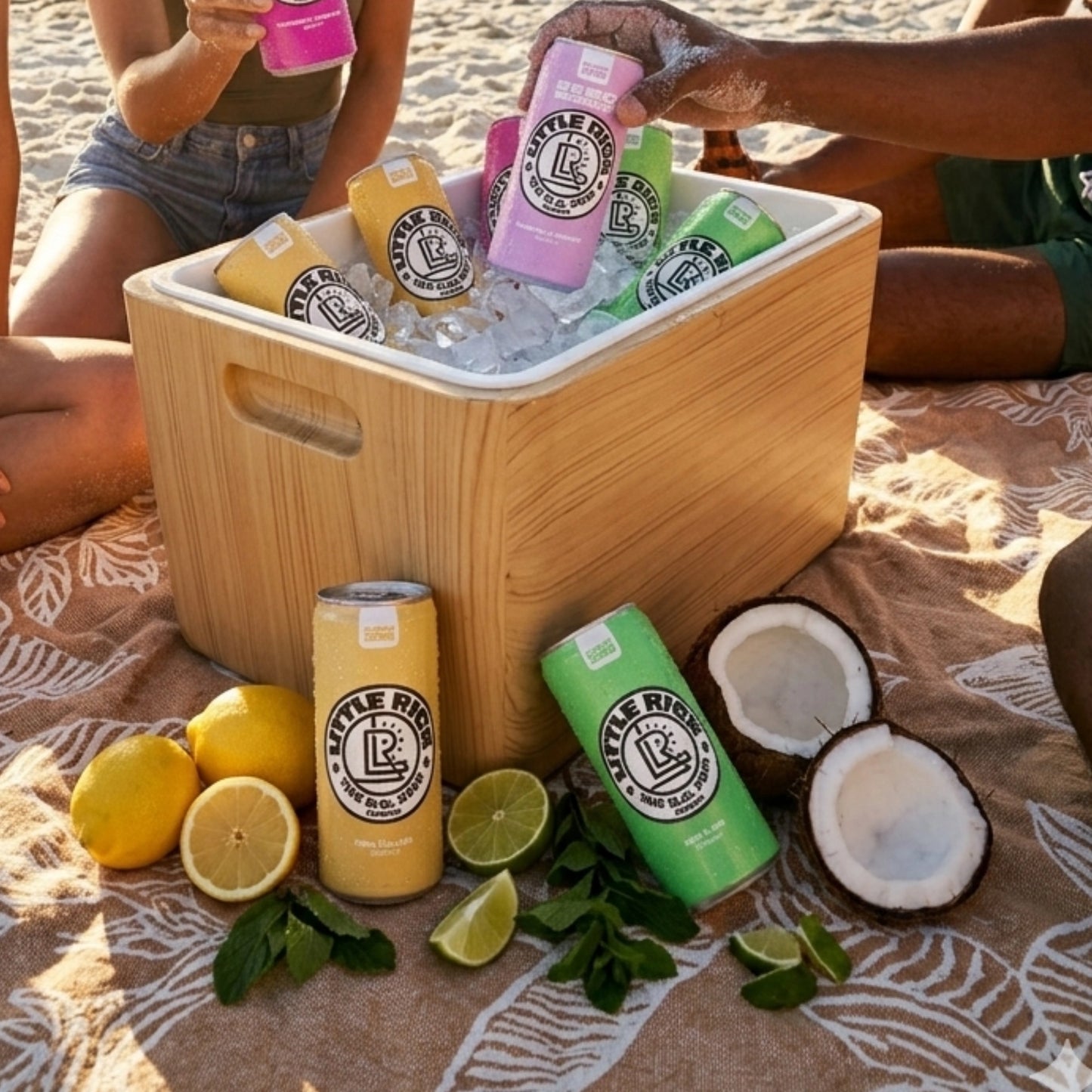 Little Rick Raspberry Coconut CBD drinks in a cooler at a beach picnic with lemons and coconuts.