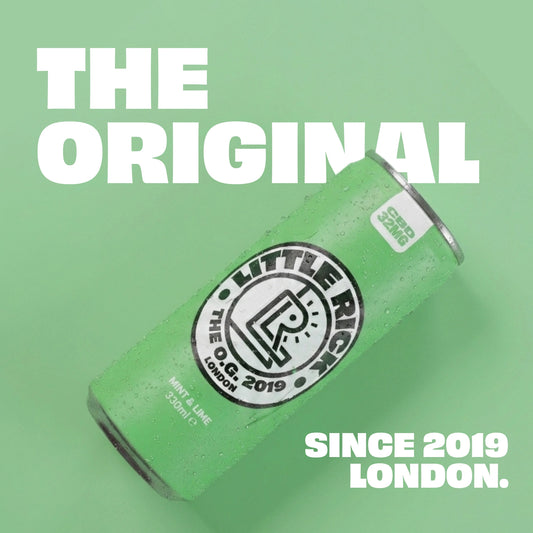 A green can labeled Little Rick Mint & Lime CBD drink: Calm vibes since 2019 London.