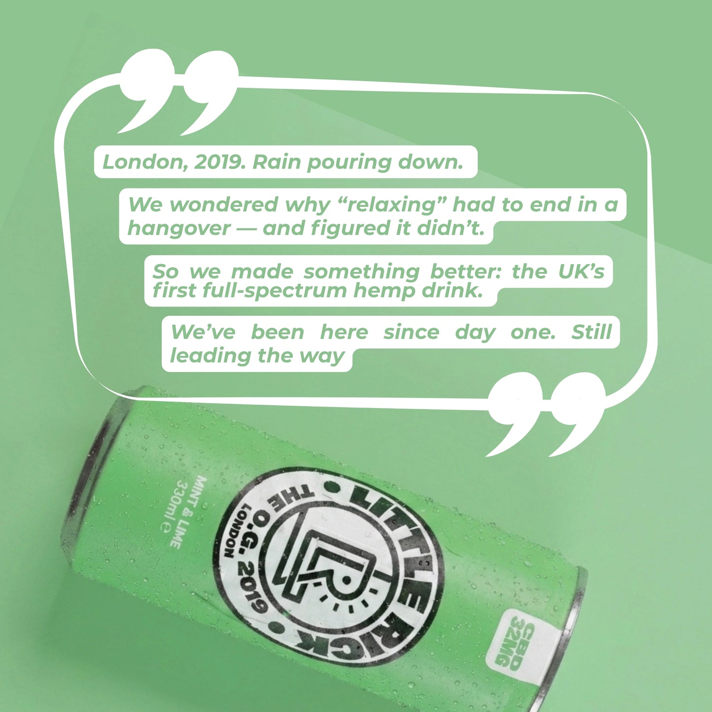 A green Little Rick Mint & Lime CBD drink can sits on green with a speech bubble above.