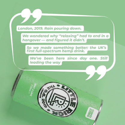 A green Little Rick Mint & Lime CBD drink can sits on green with a speech bubble above.
