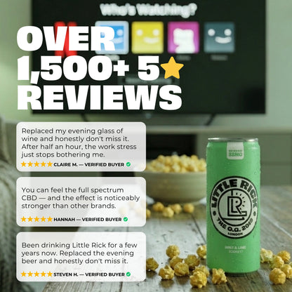 A can of Little Rick Mint & Lime CBD drink on a table, with calm customer reviews shown.