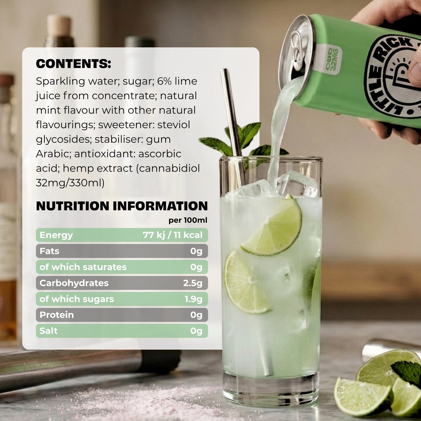 Little Rick Mint & Lime CBD drink poured over ice, lime, and mint in a glass.