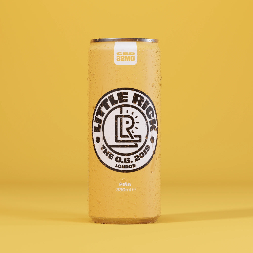 Little Rick Piña can with black logo on a matching yellow background.