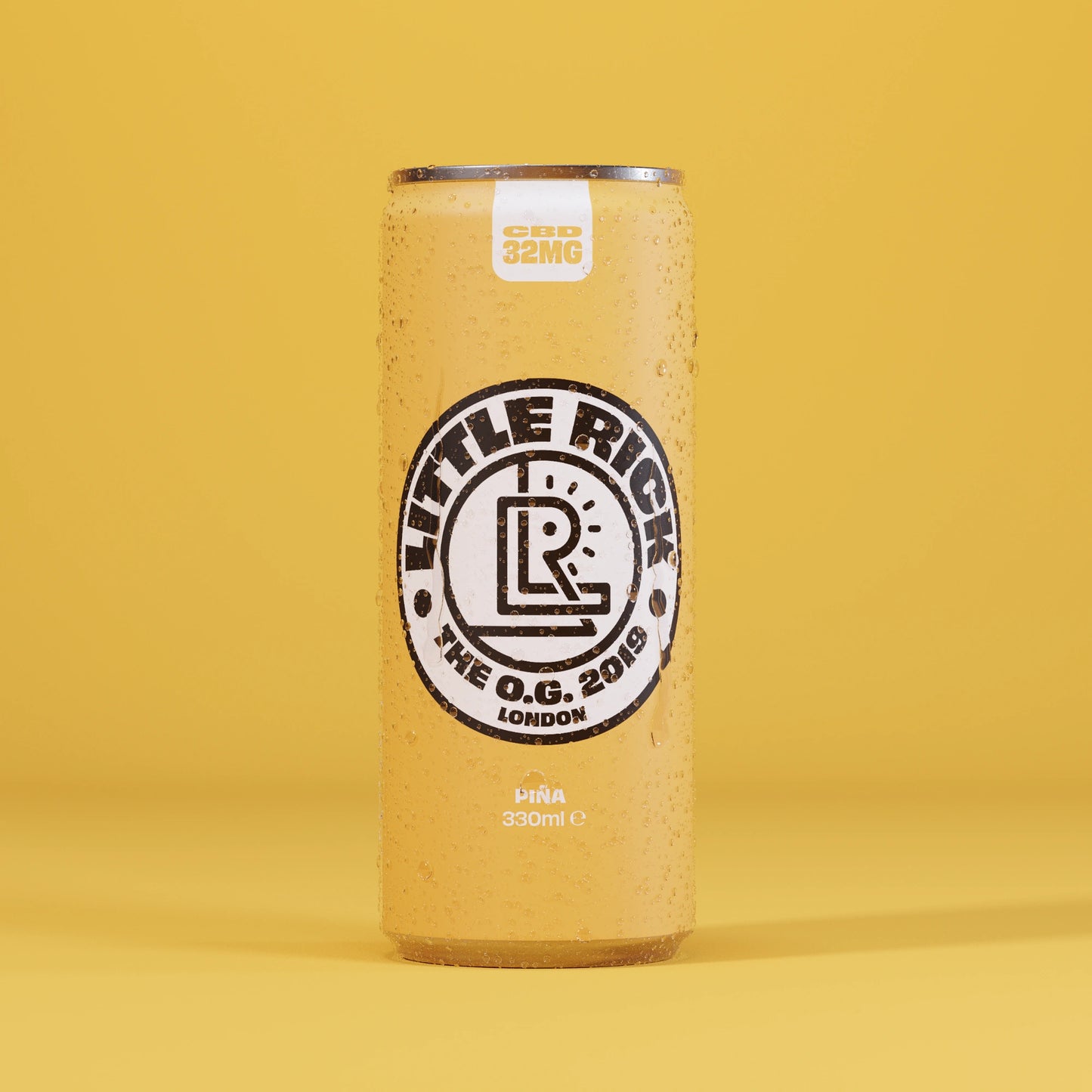 Little Rick Piña can with black logo on a matching yellow background.