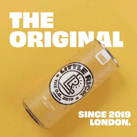 A yellow can labeled Little Rick Piña - CBD Drink with bold white text and island vibes.