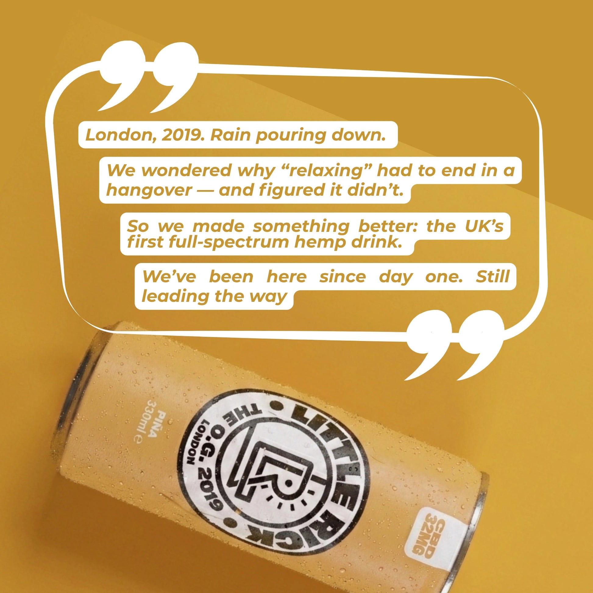 A can of Little Rick Piña - CBD Drink on yellow, with text bubbles and island vibes above.
