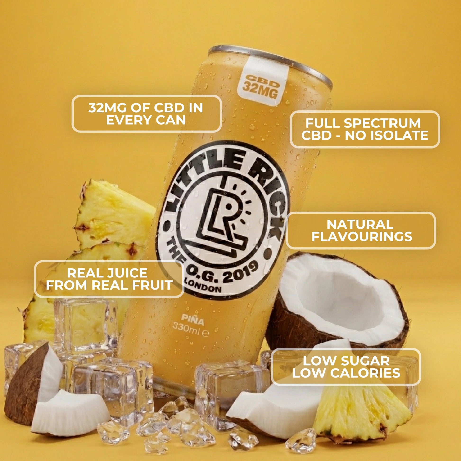 A can of Little Rick Piña CBD Drink brings pineapple, coconut, and island vibes on ice.