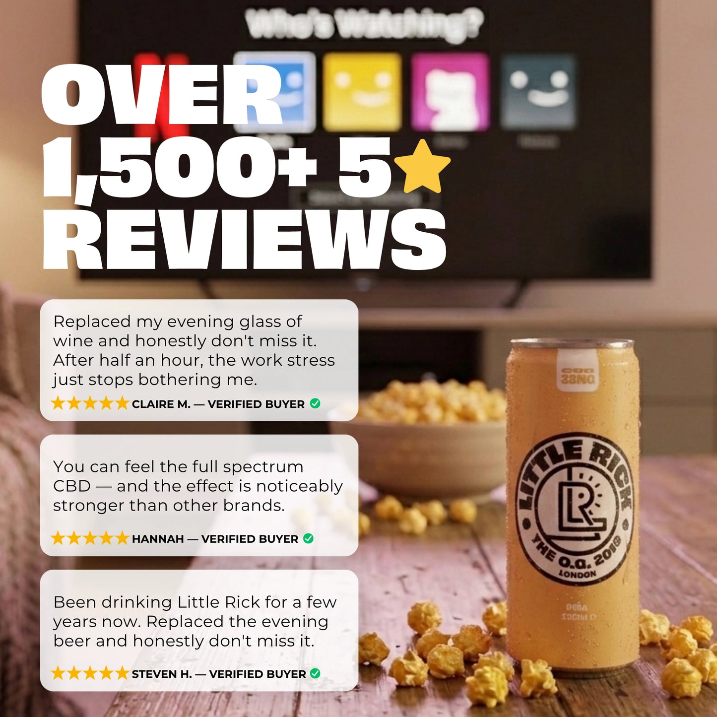 A can of Little Rick Piña - CBD Drink on a table with island vibes and reviews beside it.
