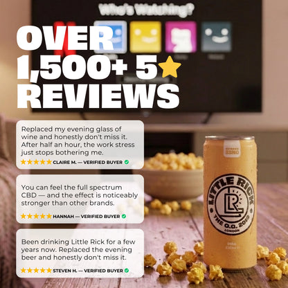 A can of Little Rick Piña - CBD Drink on a table with island vibes and reviews beside it.