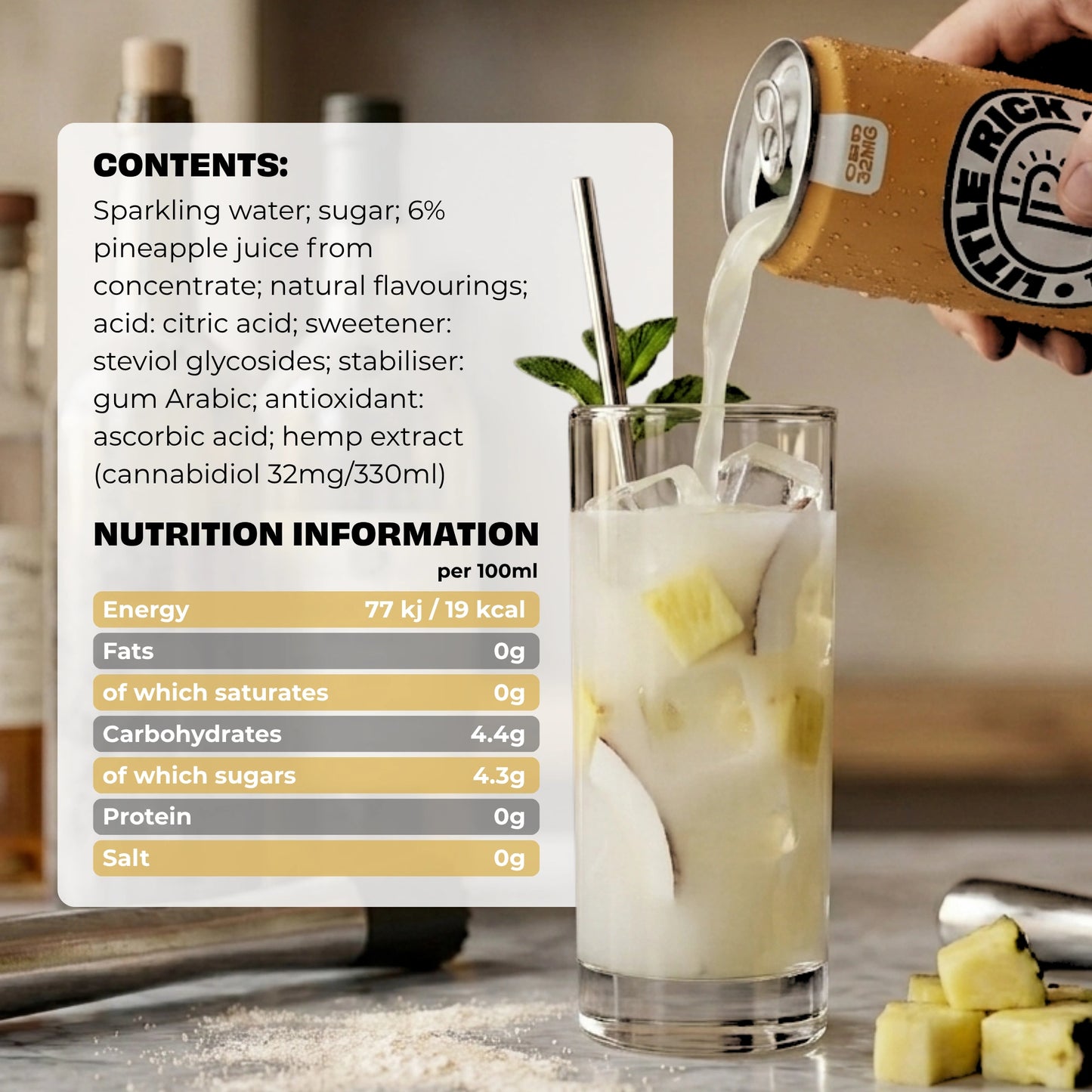 A hand pours Little Rick’s Piña - CBD Drink over ice and pineapple; info text beside.