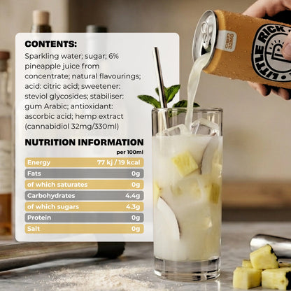 A hand pours Little Rick’s Piña - CBD Drink over ice and pineapple; info text beside.