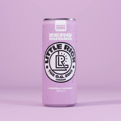 A Little Rick Raspberry Coconut single can on a pink background.
