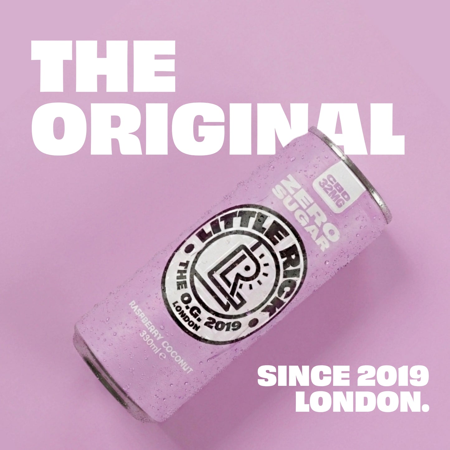 A can of Little Rick Raspberry Coconut CBD drink on a pink background with bold white text.