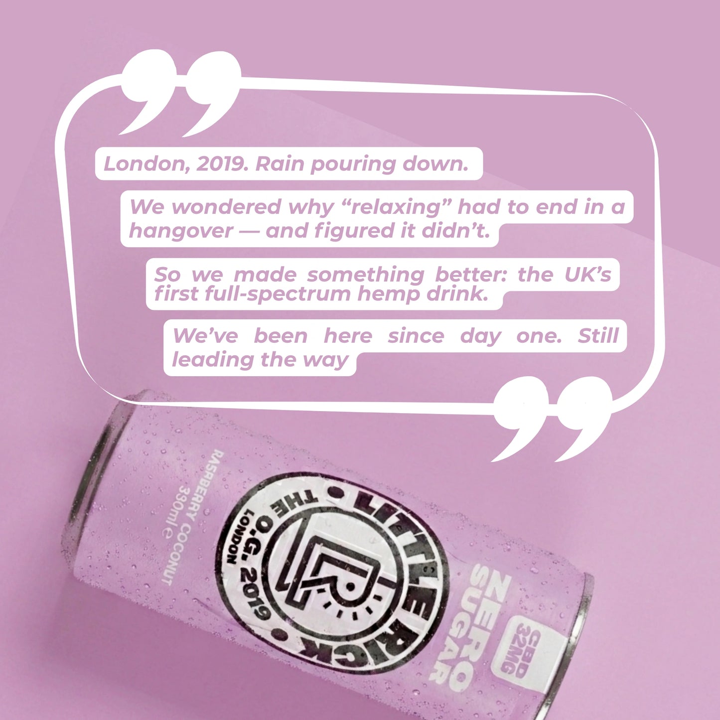 A can of Little Rick Raspberry Coconut CBD drink rests on pink, quote above, with raspberry.