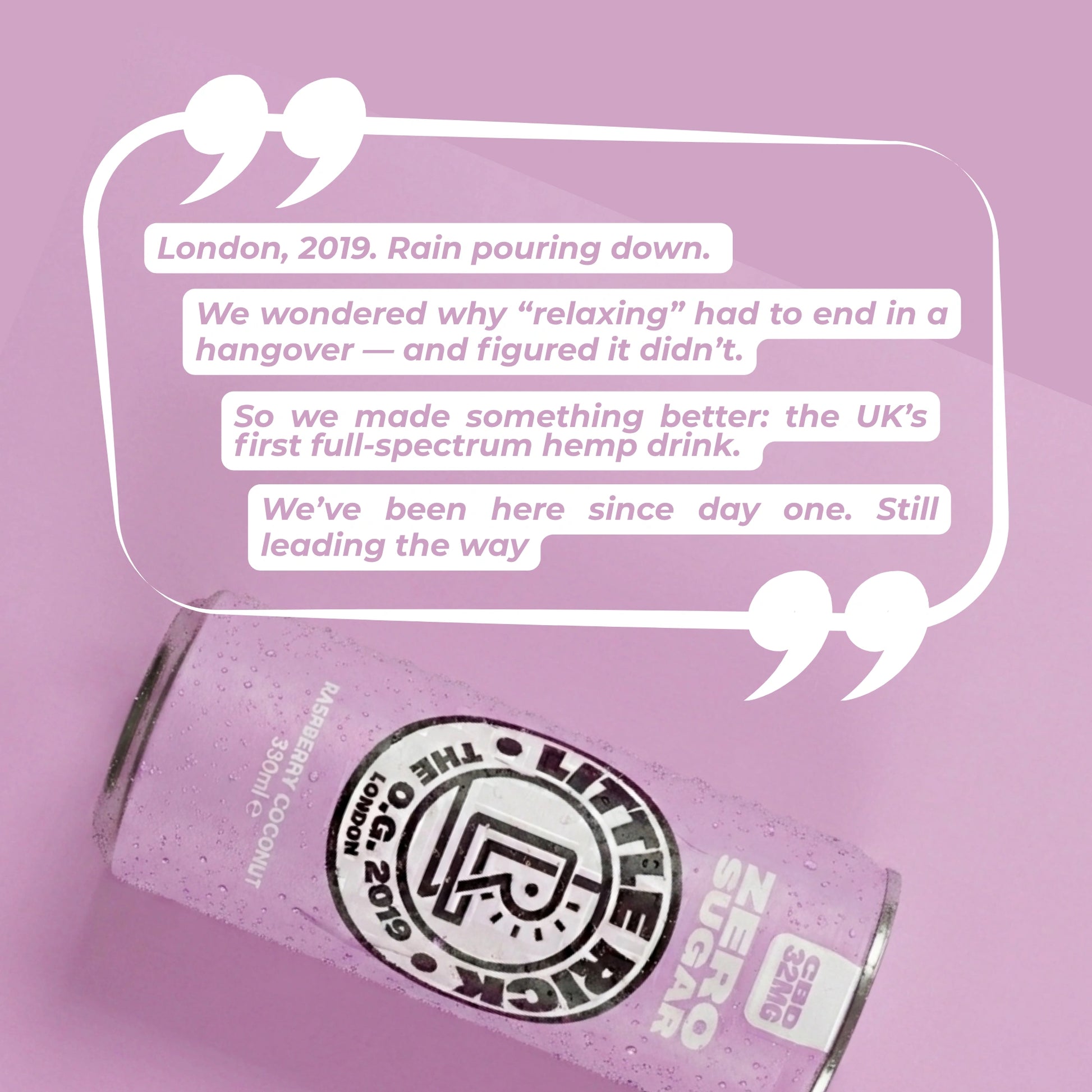 A can of Little Rick Raspberry Coconut CBD drink rests on pink, quote above, with raspberry.