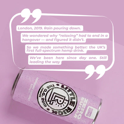 A can of Little Rick Raspberry Coconut CBD drink rests on pink, quote above, with raspberry.