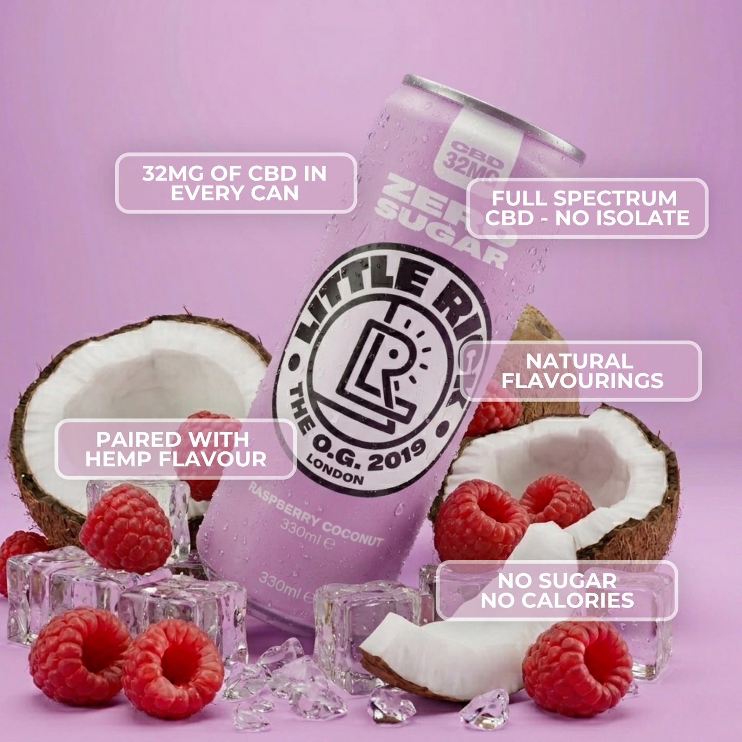 Little Rick Raspberry Coconut CBD drink served with ice, raspberries, and coconut on purple.
