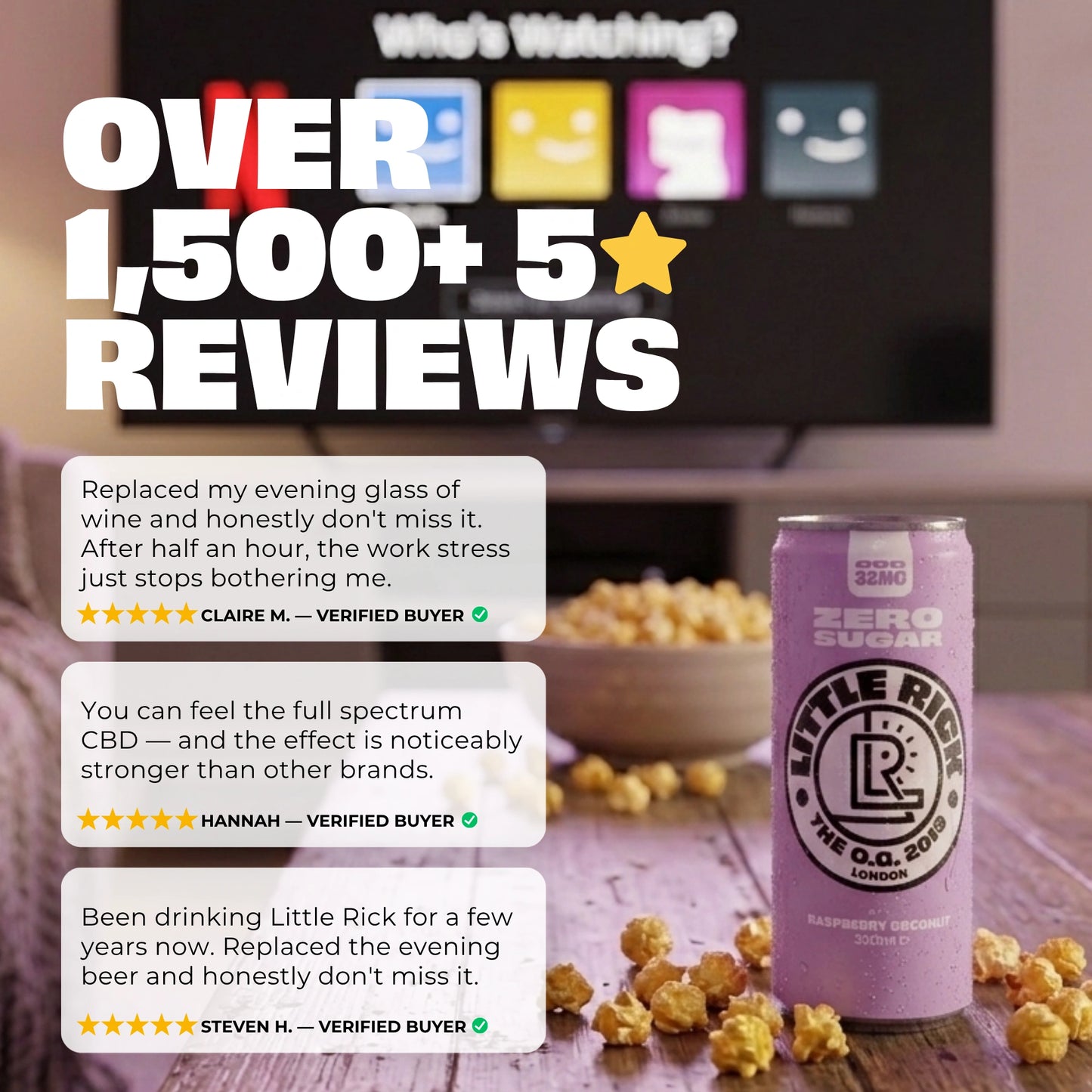 A can of Little Rick Raspberry Coconut CBD drink with “Over 1,000+ Reviews” text.