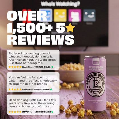 A can of Little Rick Raspberry Coconut CBD drink with “Over 1,000+ Reviews” text.