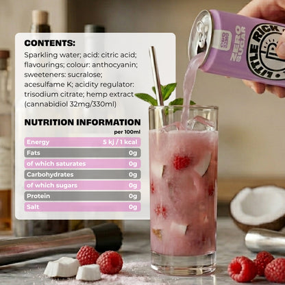 Little Rick Raspberry Coconut CBD drink pours creamy pink into a glass; nutrition info shown.