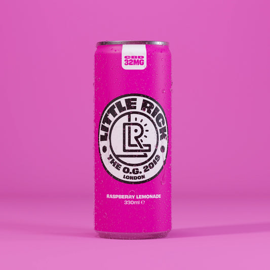 A Little Rick Raspberry Lemonade - Single Can sits on a matching pink background.