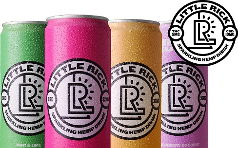 Four cans of Little Rick sparkling hemp drinks in different flavors with the brand logo.