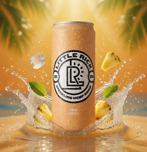 Can of Little Rick sparkling hemp drink with pineapple and mint on a beach background