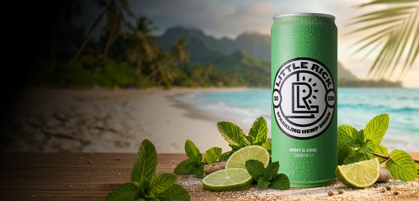 Green can with a logo on a beach with limes and mint leaves