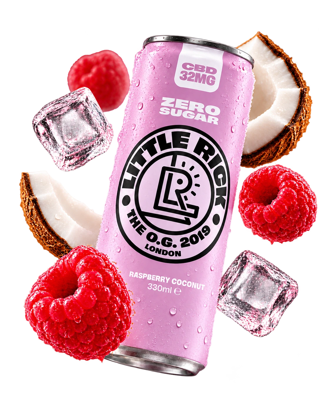 Little Rick Raspberry Coconut CBD can with raspberries, coconut and ice